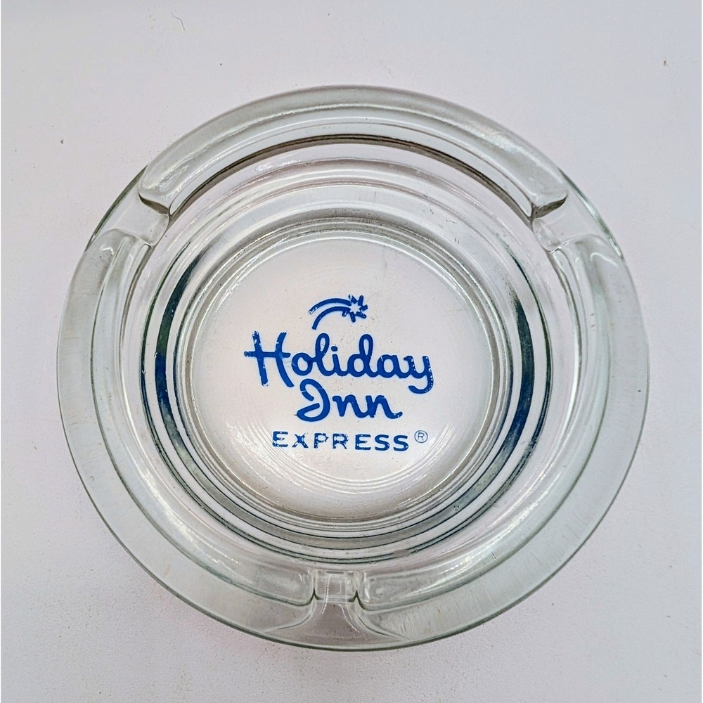 Vintage Holiday Inn Express Clear Glass Round Ashtray Hotel Memorabilia 4 Inch